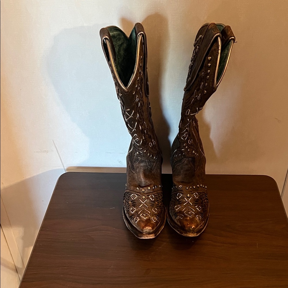 Studded Brown Leather Heeled Boots